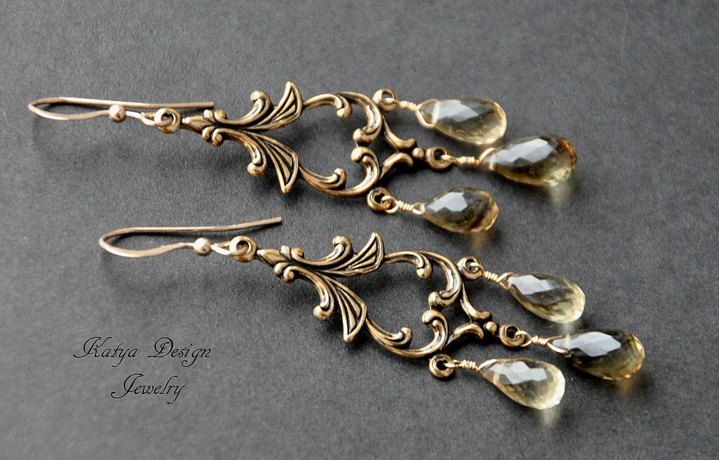 Earrings citrine gold plated, gold filled, vintage style
