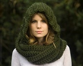 Hooded Scarf, Scoodie, Olive Green Crochet Hood, Pixie Woodland Forest Green Scarf with Hood