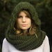 Hooded Scarf, Scoodie, Olive Green Crochet Hood, Pixie Woodland Forest Green Scarf with Hood