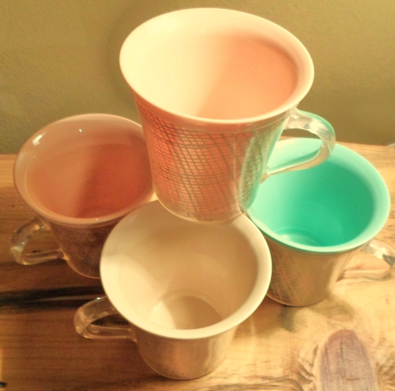 Vintage Set of 4 Thermo Temp Handled Mugs Raffiaware, Thermoware, Insulated Cups, Peach, Mint Green, Beige, 50s-60s, Plastic Cups