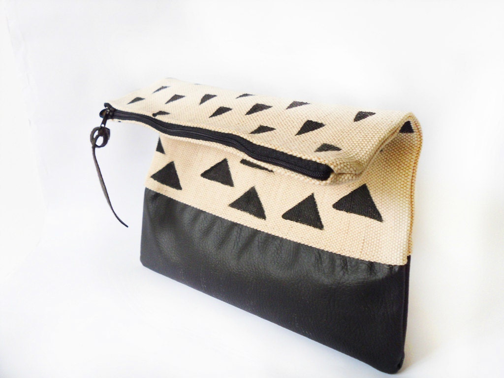 Foldover clutch purse, Hand painted , canvasand leather, Tribal pattern, Triangles