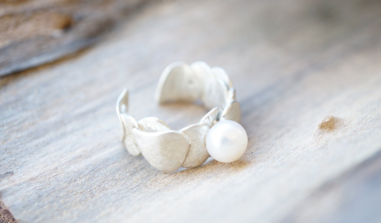 Handmade Sterling Silver Adjustable Tree of Life Layered Leaf Ring with White Pearl