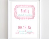 Custom Birth stats. Baby Girl Pink Print 8x10 Birth Announcement. Personalized Nursery Wall Decor - Printable DIY for home printing