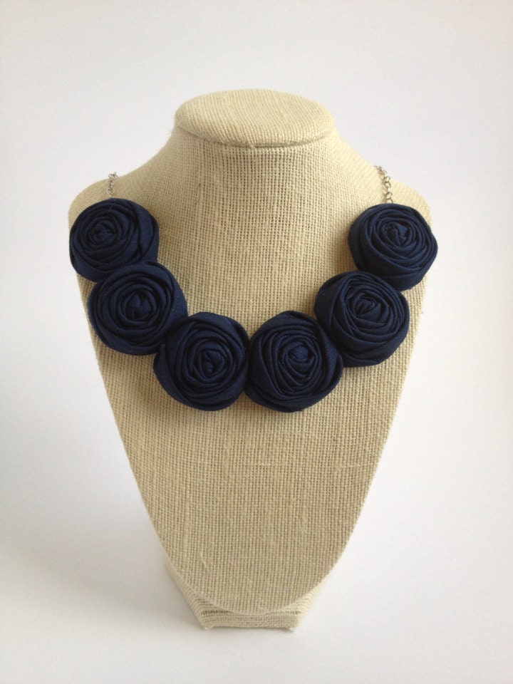 Navy blue fashion fabric six flower rose rosette bib necklace silver chain gift bridesmaid teacher statement piece 