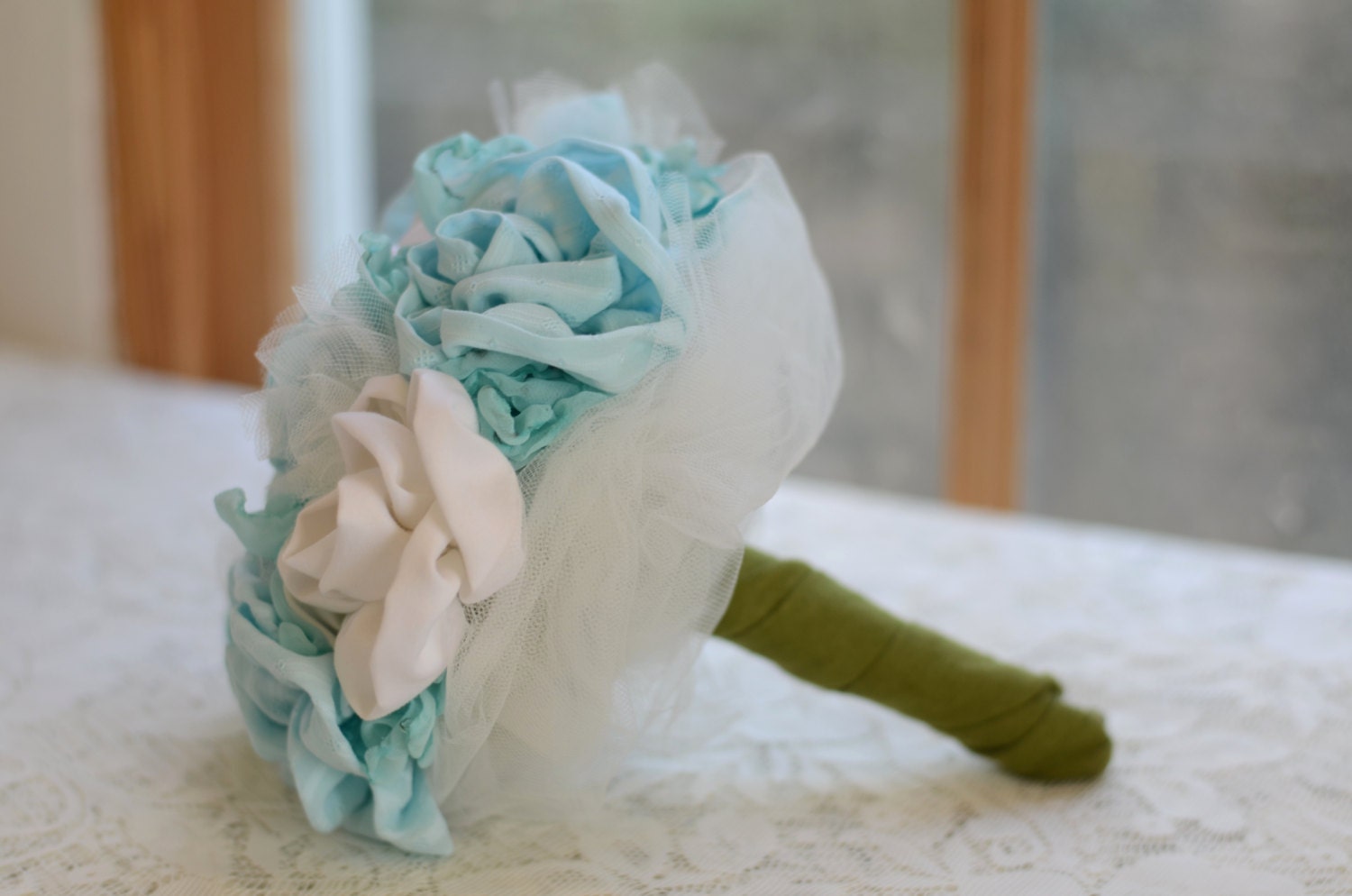 pale robins egg blue and white fabric flower wedding bouquet--upcycled and eco friendly alternative wedding bouquet