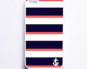 Nautical iPhone Case for Iphone 4 / 4S - Navy & Coral Stripe With Anchor