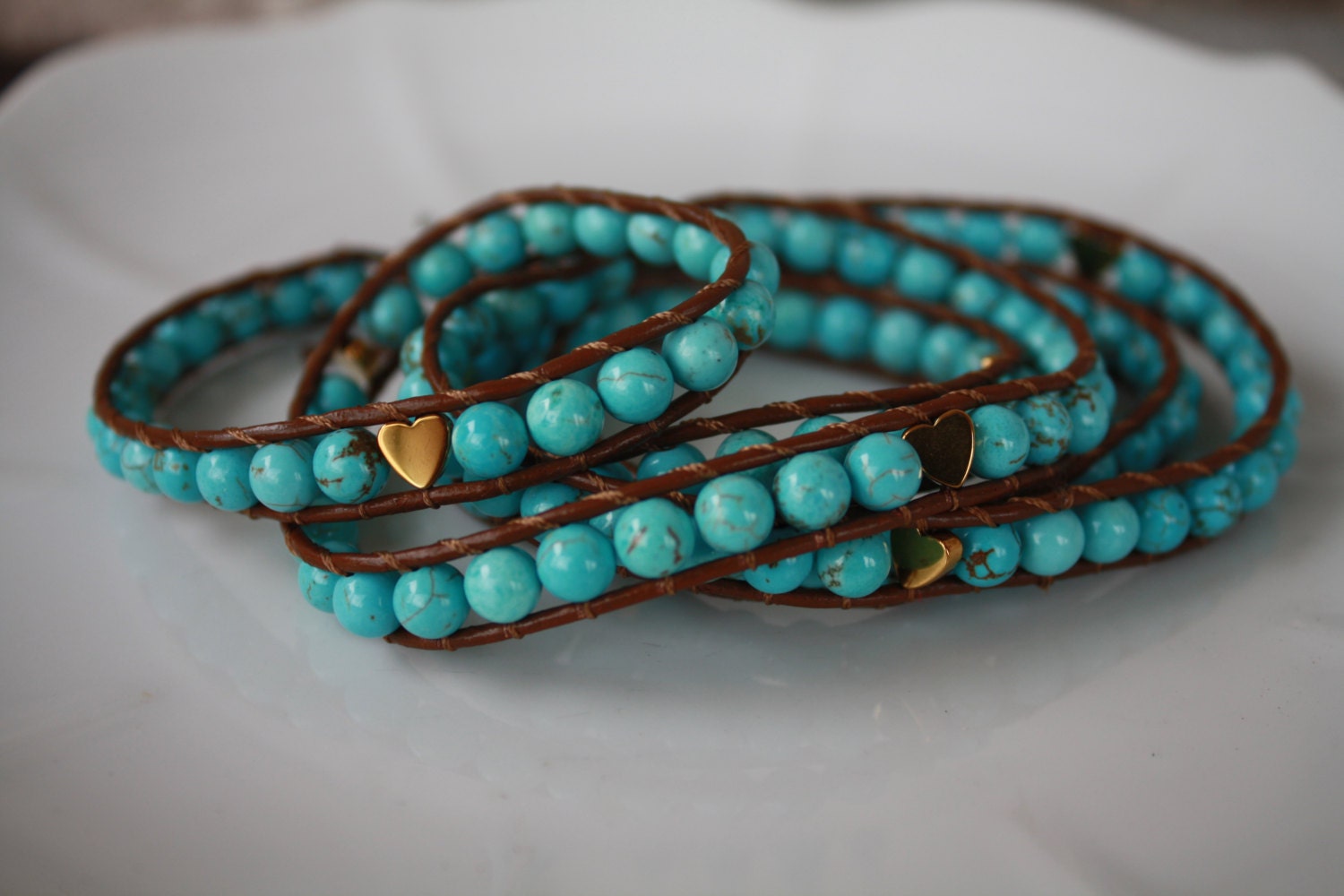Semi Precious Natural Turquoise Beaded Leather Wrap Bracelet with Gold Heart Accent Beads