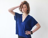 Blue pleated shirt , evening blouse , V-neck
