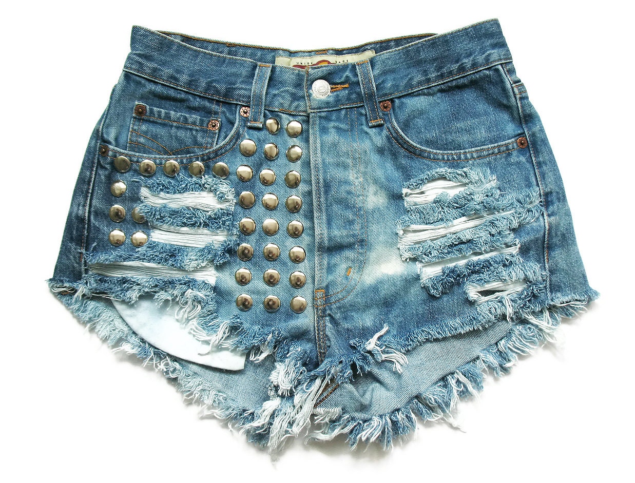 Studded denim high waist shorts XS