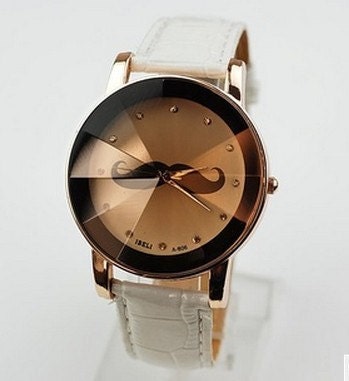 Mustache Watch,Fashion Wrist Watch White Artificial Leather Watch Retro Style Women's Watch, Everyday Bracelet  PB0176