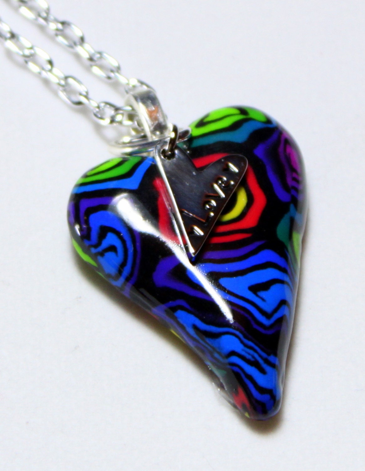 Funky Heart polymer clay neon swirl pendant necklace with love heart charm