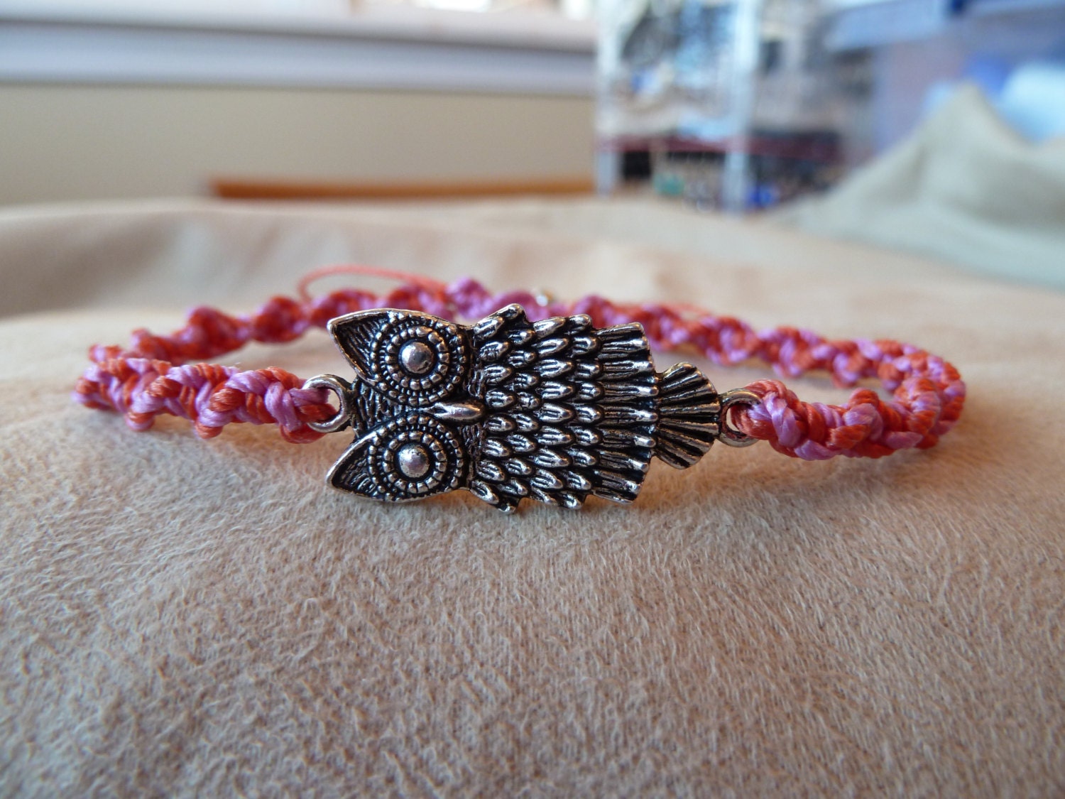 Pink and Orange Macrame Bracelet w Silver Owl Charm & Sliding Adjustable Closure
