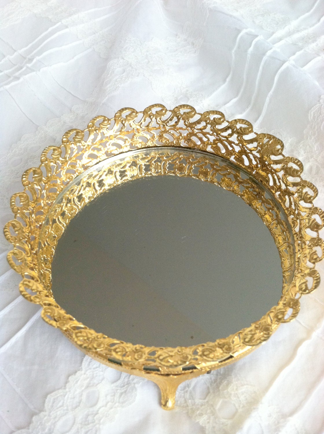 Vintage Ornate Round Footed/Hollywood Regency Filigree Vanity Mirror Tray/Regency Dresser/Vanity Tray