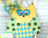 Blue Yellow Wood Owl Door Hanger