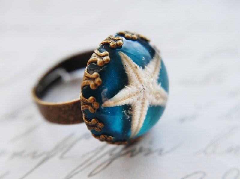 Real Starfish Ring Turquoise Blue Nautical  Mermaid Resin Jewelry Beach Sea Seaside Summer Contemporary Statement OOAK - NaturalPrettyThings