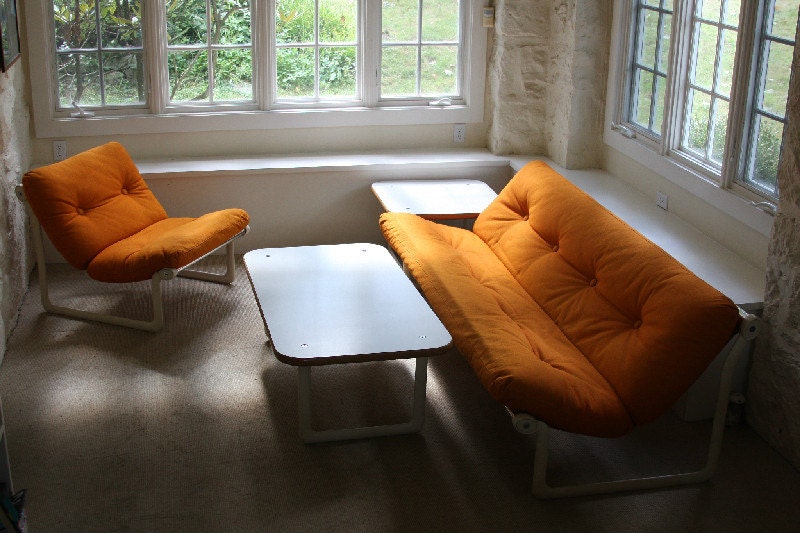 Hannah and Morrison Knoll 70s Living Room Pieces - Orange Wool Upholstery Sling Sofa, Lounge Chair, Coffee Table and Side Table