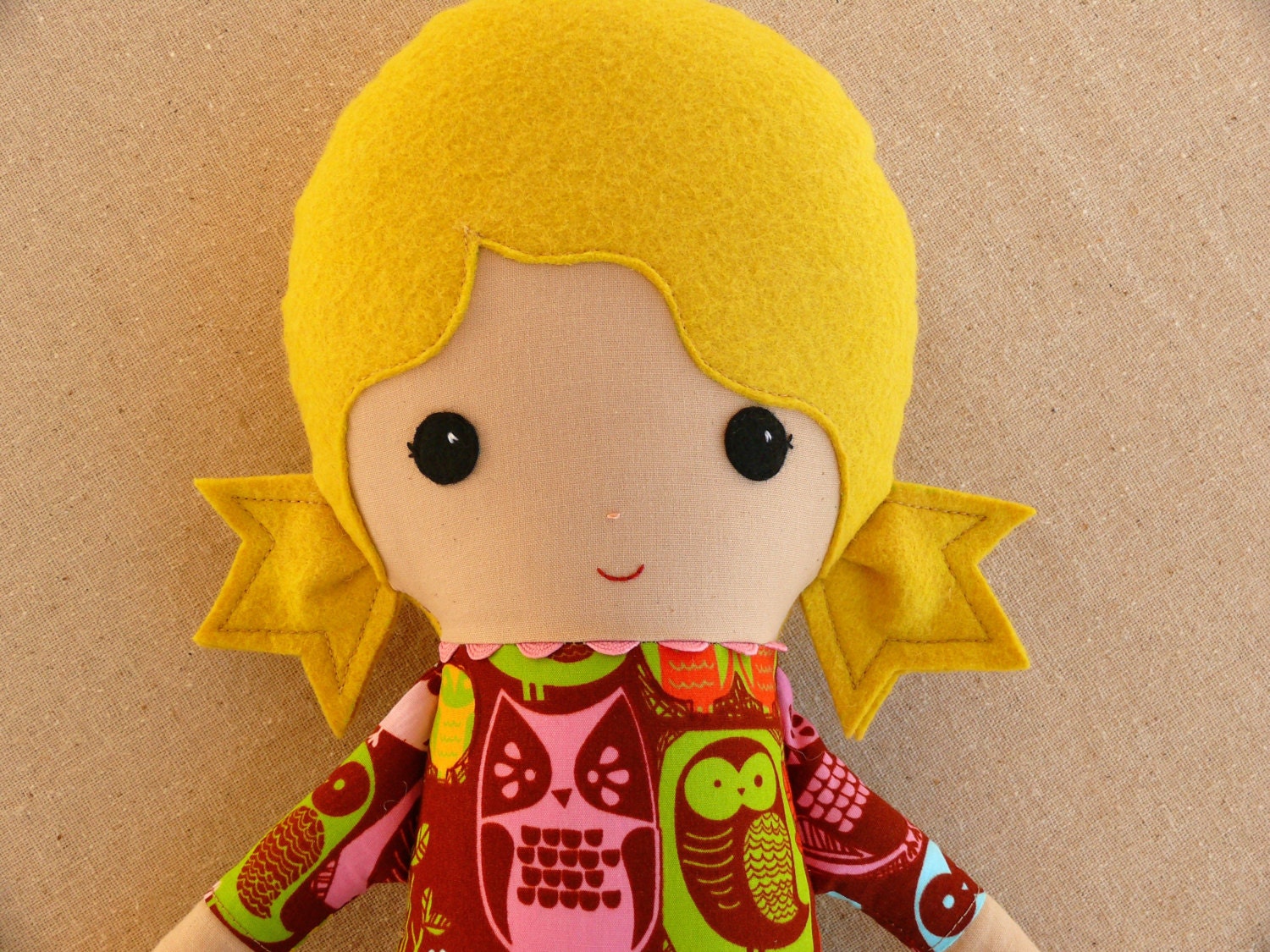 Fabric Doll Rag Doll Girl in Owl Print Dress