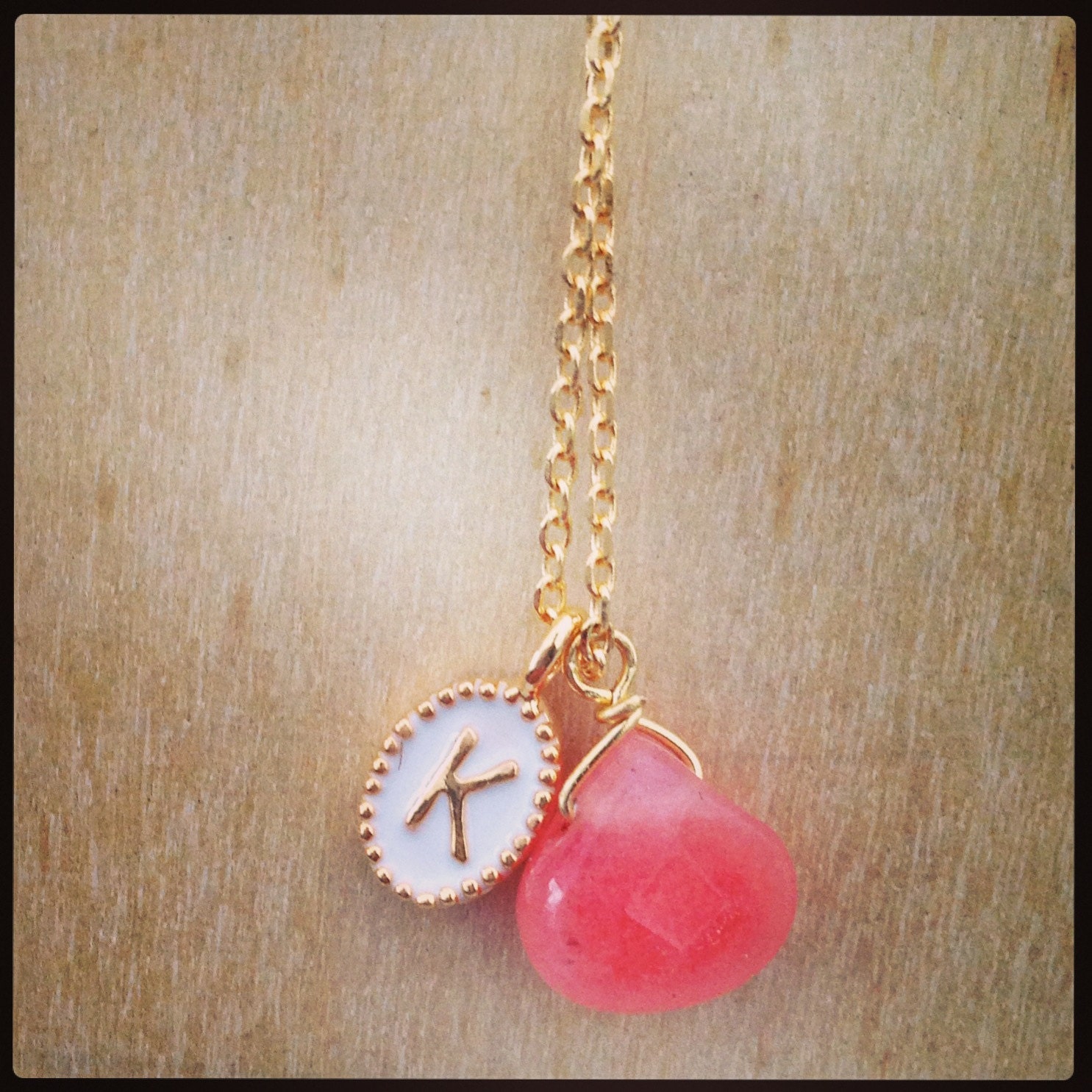 Tiny white enamel and gold initial with mini birthstone charm