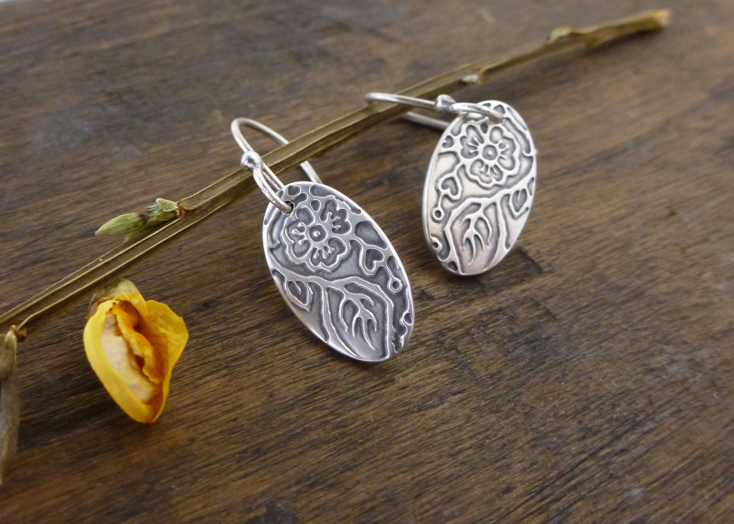 sterling silver flowers and blooming hearts earrings - "I'll Meet You There" earrings