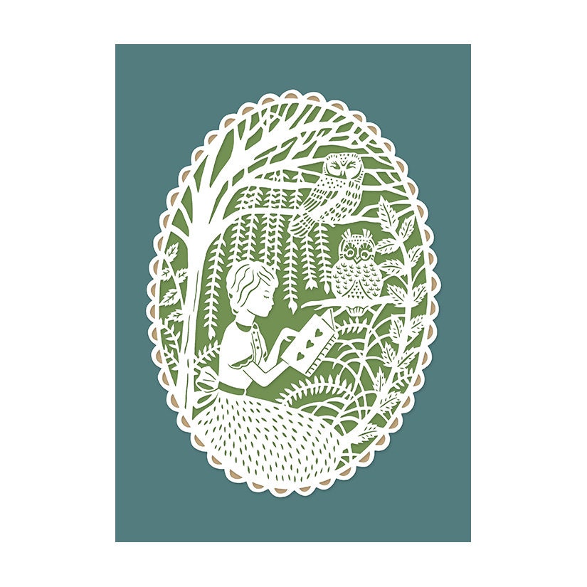 5x7 Papercut Print - Reading in the Trees with Owls - Original Illustration