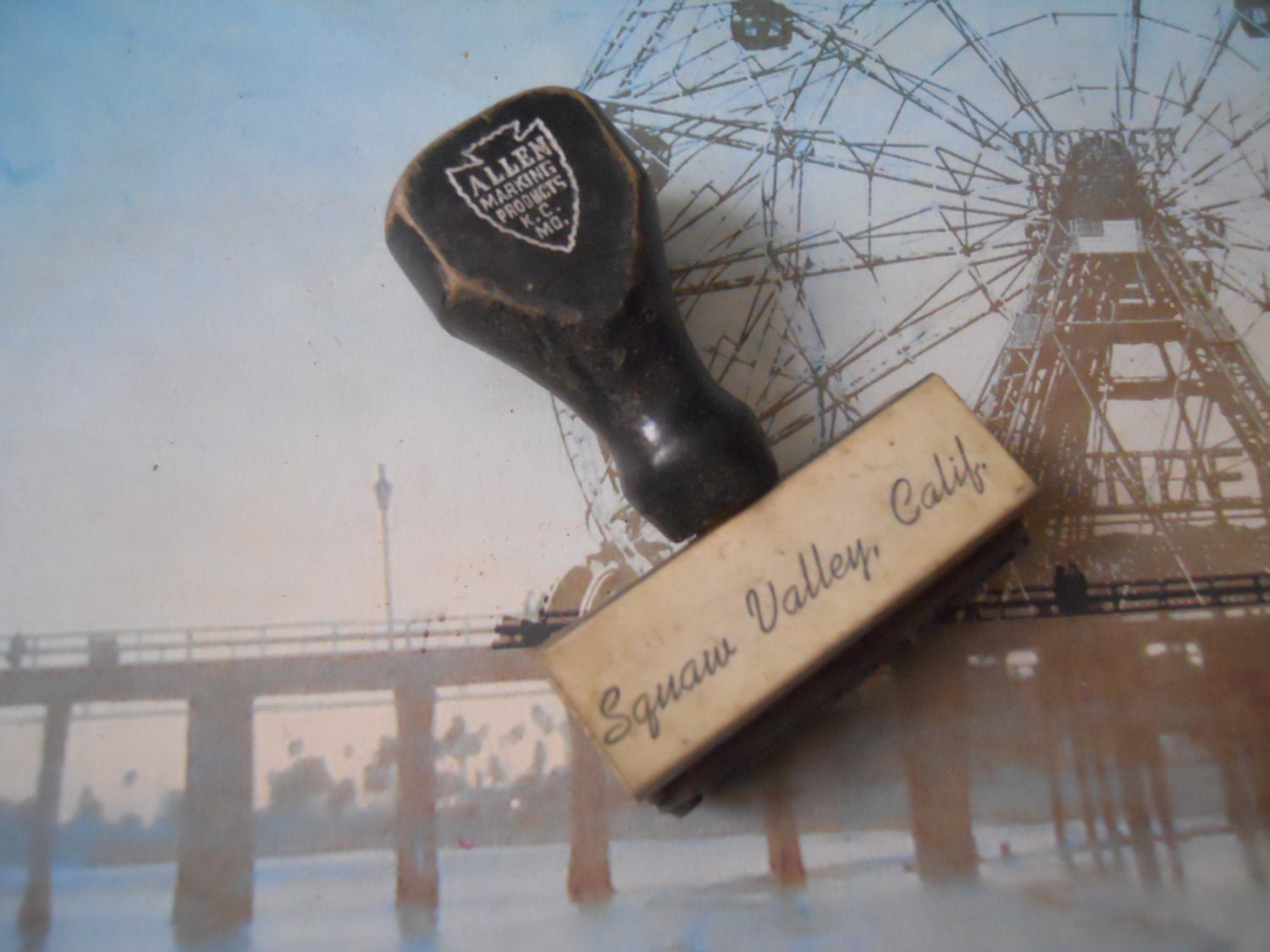 Antique Squaw Valley, California Wooden Handled Allen Rubber Stamp