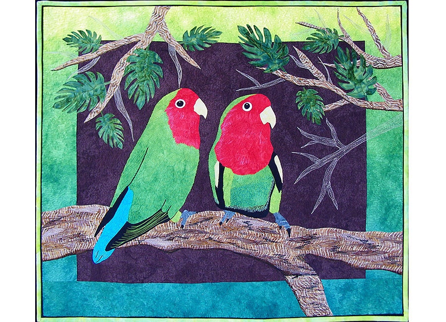 Lovebirds Bright and Bold Fiber Art Quilted Wall Hanging