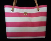 Hot Pink/White Striped Canvas Bag Purse, Shoulder Bag w leather handles, Handmade