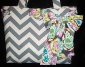 Chevron Gray & Natural Canvas Bag Purse Tote with Bow