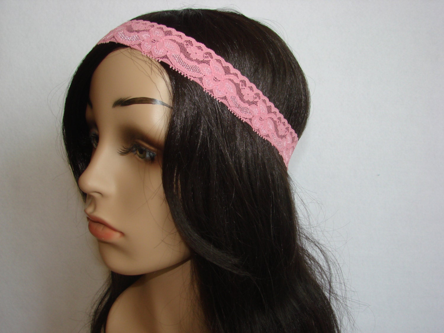 Beautiful elegant pink thin 1" stretch lace headband, Spring Summer skinny Headband, boho elastic flower lace headband Teen Adult