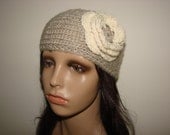 Soft Wool Crochet Flower Knit Headband Oatmeal Cream Natural Tan, Ear Warmer, Head wrap, head scarf Teen Young Adult Girl
