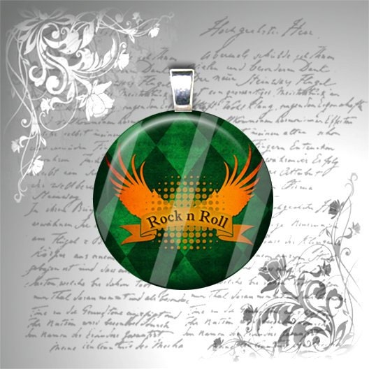 Rock N Roll Wings - Green and Gold - 1 Inch Glass Circle Photo Pendant Necklace