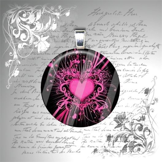 SHOPWIDE SALE - Pink Heart Explosion on Black Background - 1 Inch Circle Glass Photo Pendant Necklace