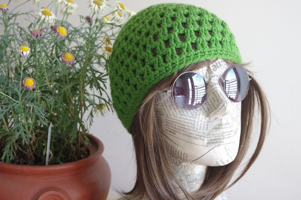 BEANIE hat crochet  green   bohemian gypsy hat made to order. The used four seasons.