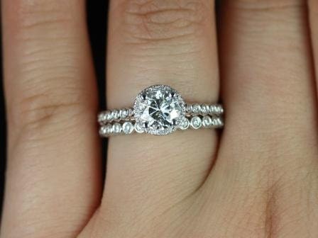 NEW Petite Bubbles 14kt White Gold Round Halo FB Moissanite NO Milgrain Wedding Set(Other metals and stone options available)
