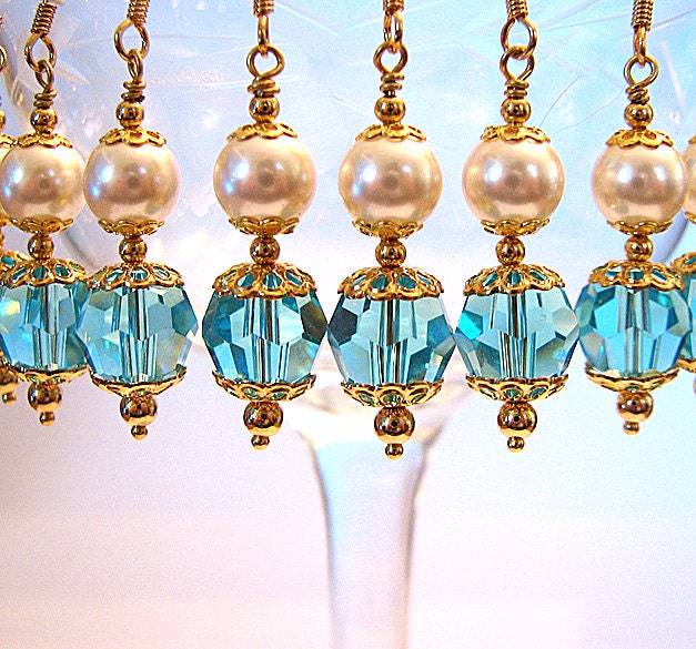 Bridesmaid earrings Pearl and turquoise blue crystal earrings Dangle beaded earrings Prom wedding bridal jewelry Beaded bridesmaid jewelry