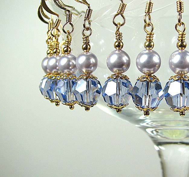 Blue bridesmaid jewelry Swarovski pearl and crystal earrings Drop dangle beaded earrings Prom wedding bridal jewelry Beaded jewelry