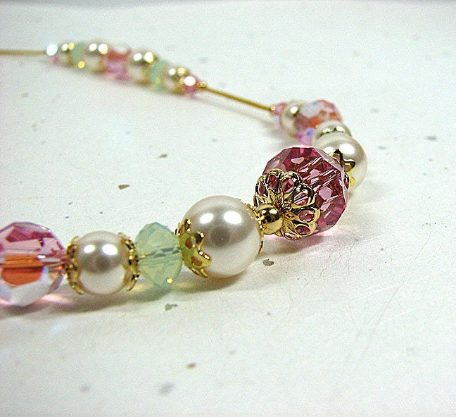 Pink and mint green necklace Single strand Swarovski pearl and crystal beaded necklace Bridesmaid gift Prom wedding bridal beaded jewelry