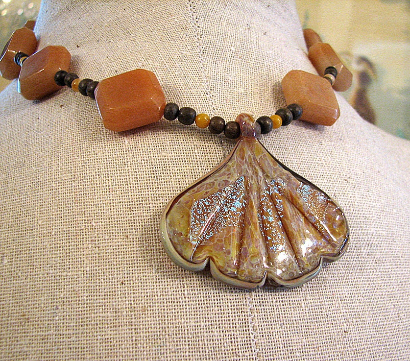 Gingko leaf necklace Lampwork glass pendant necklace Caramel carnelian beaded necklace  Single strand natural earthtone beaded jewelry