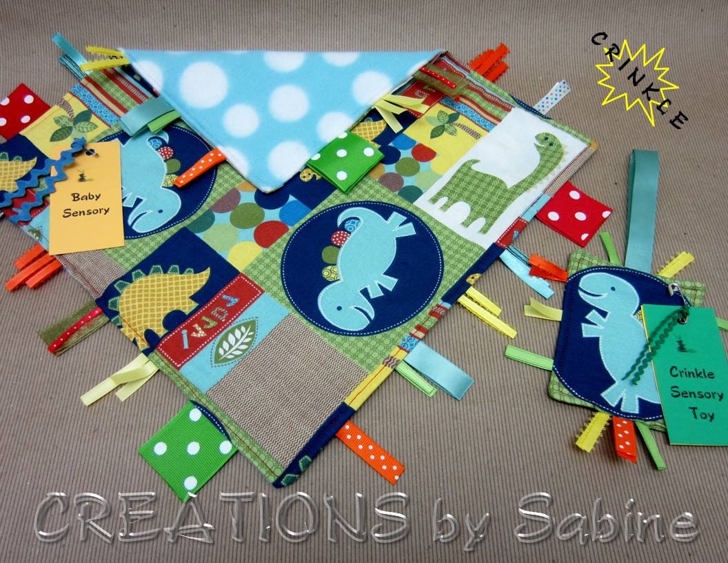 Baby Gift Set - Sensory Blanket & Crinkle Tag Toy, Dinosaur Dino Animals, Blue Turquoise Green Yellow Orange READY TO SHIP 157