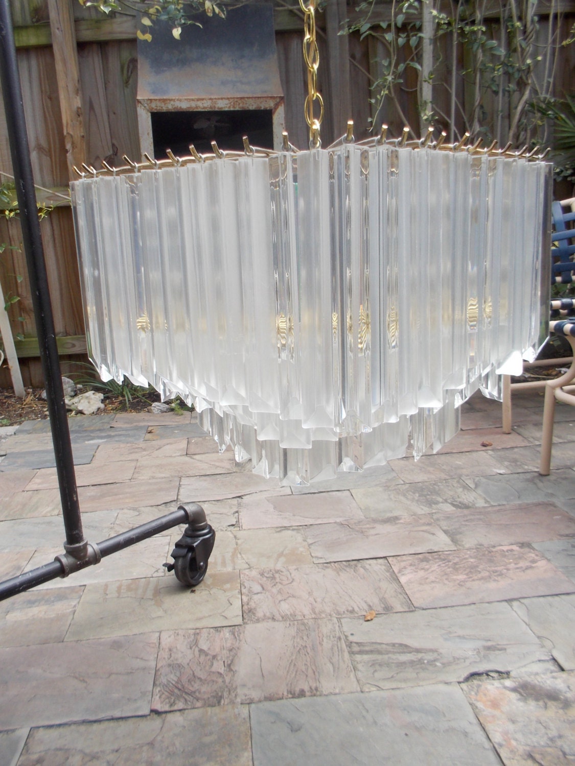 Large Mid Century Acrylic Lucite Brass 3 tier Chandelier