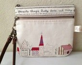 Zippered Clutch/purse Sewing City Printed Bag 2 Pockets - 100% Japanese Cotton with Leather Handles