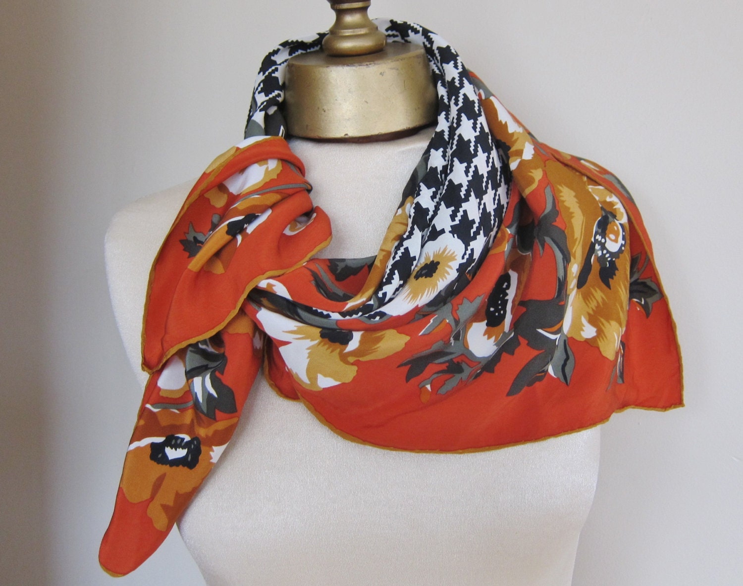 Bill Blass / silk scarf / russet / houndstooth / floral / hand rolled / 80s