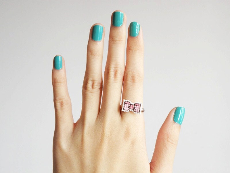 Pink ribbon cross stitch ring, gifts for her, gifts under 10, gifts under 15, ribbon bow ring, made to order