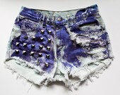 Painted Metallic Purple Jean Shorts High Waisted Levi Denim Cutoffs Destroyed Vintage Studded Shorts