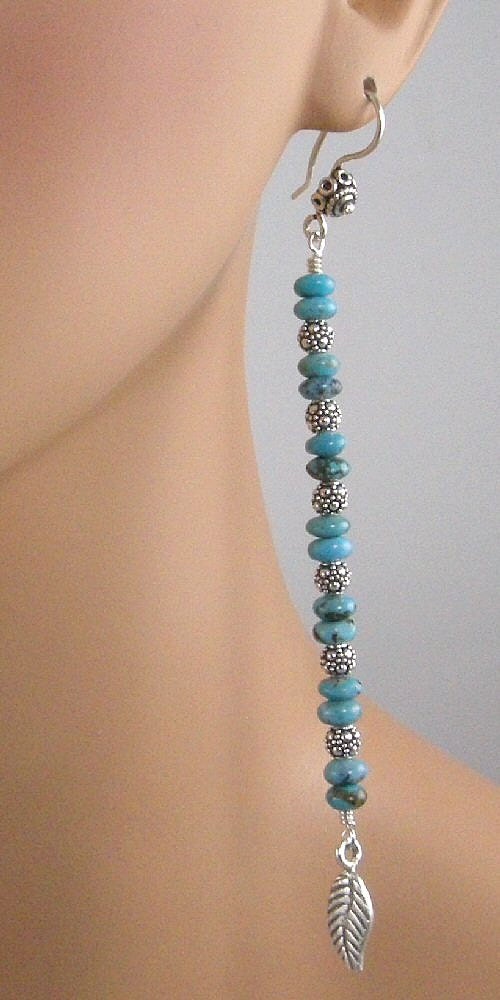 Turquoise Sterling Silver Bead Earrings, Karen Hill Tribe Leaf Turquoise Long Earrings