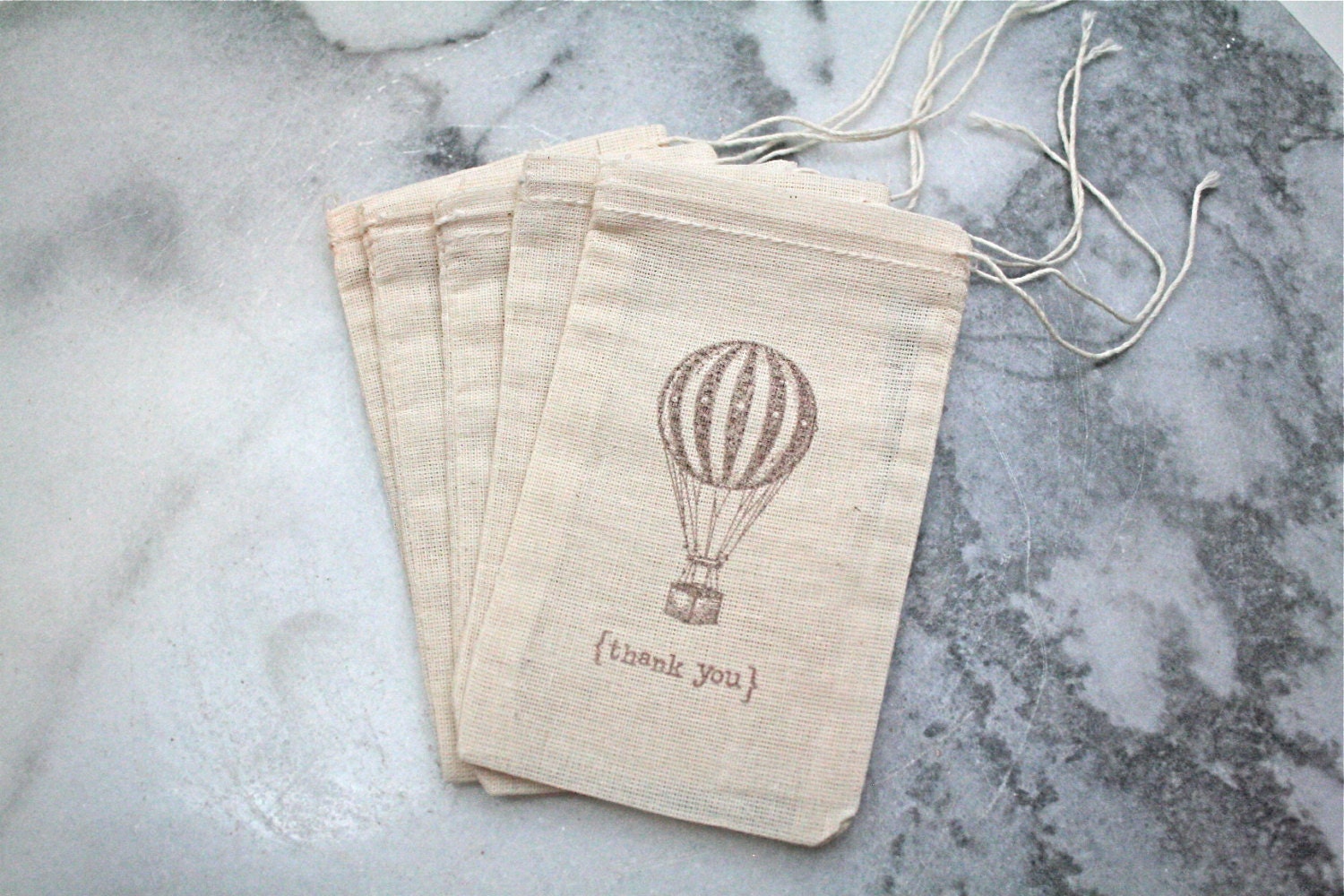 Wedding favor bags, muslin, 3x5. Set of 50. Hot air balloon and "thank you" in brown on natural white cotton.