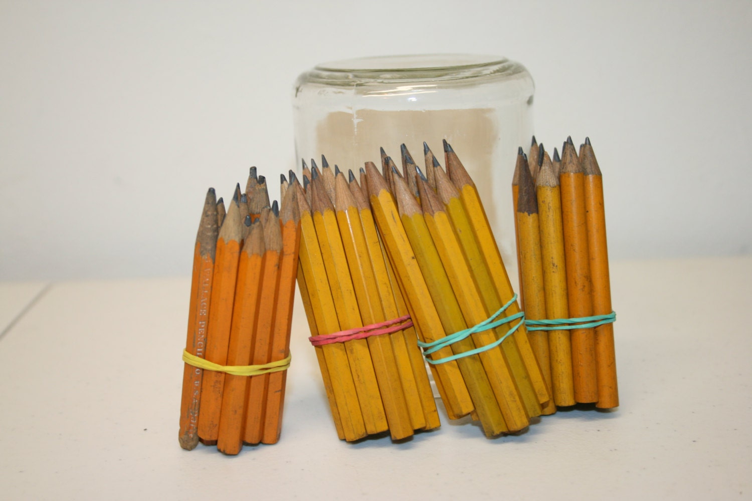Jar yellow pencils, pencil set, vintage mini wooden miniature pencils, office writing craft supplies pencil mini, glass jar