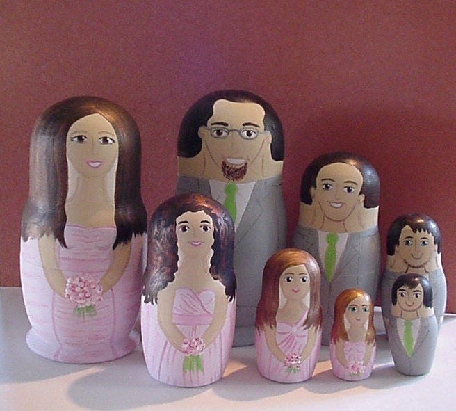 Wedding Party nesting dolls - Bride Groom Cake Toppers Hand Painted and Personalized 5pcs