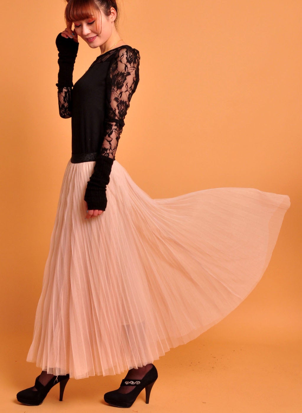 chiffon maxi skirt-------360 degree Pleated  Bohemian skirt beach skirt beige pink  skirt long  skirt