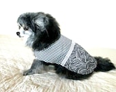 Cotton Small Dog's Dress Pomeranian - Black and White Gingham and Abstract Print with Polka Dot Ribbon
